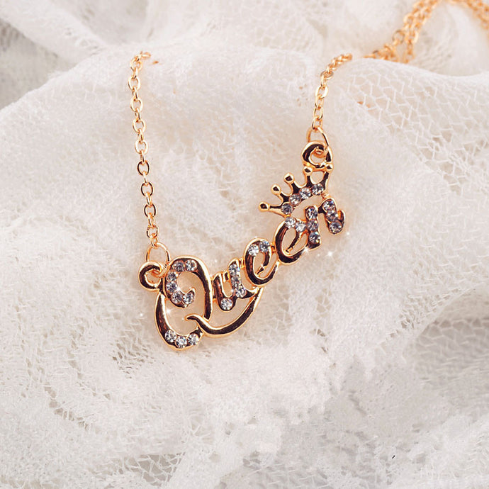SHUANGR Luxury Gold-Color Queen Crown Chain Necklace Zircon Crystal Necklace Women Fashion Jewelry Birthday Present