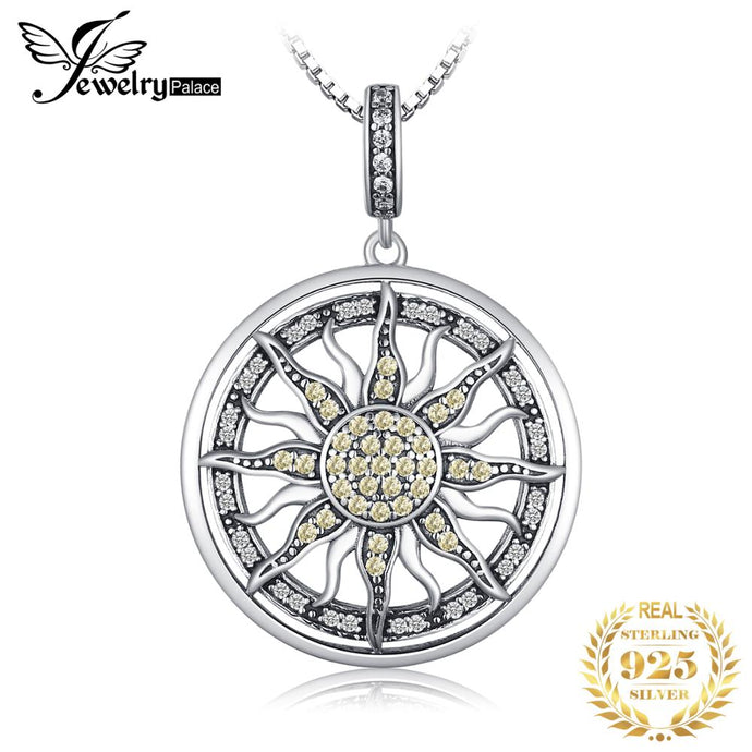 JewelryPalace Celestial Sun 925 Sterling Silver Cubic Zirconia Charm Statement Pendant Necklace Women Jewelry Without a Chain
